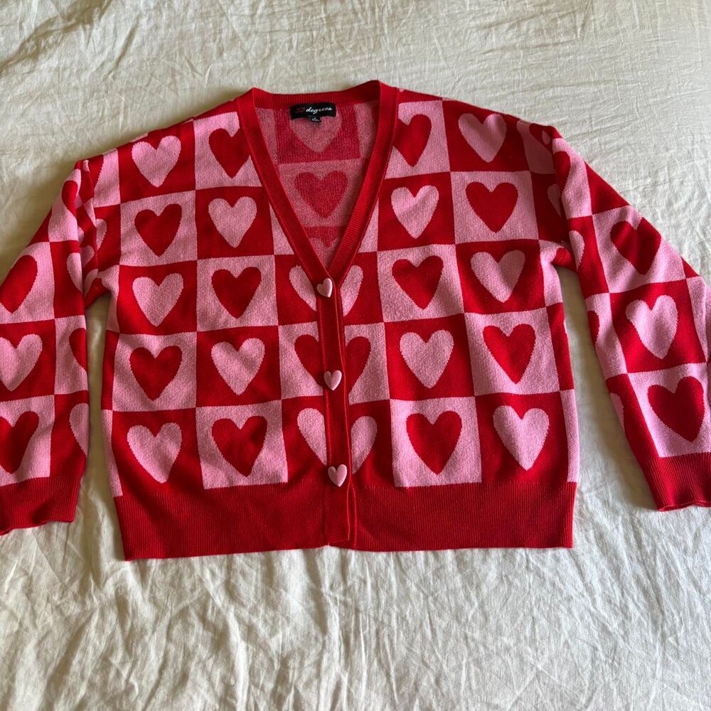 33 Degrees Pink and Red Checkered Heart Pattern Cardigan Sweater Size Large